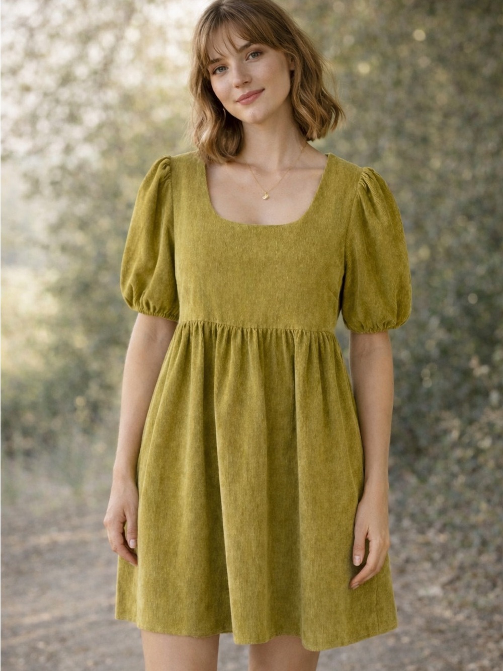 Corduroy Puff‑Sleeve Dress Olive Mustard Vintage Tone Size Medium Cottagecore